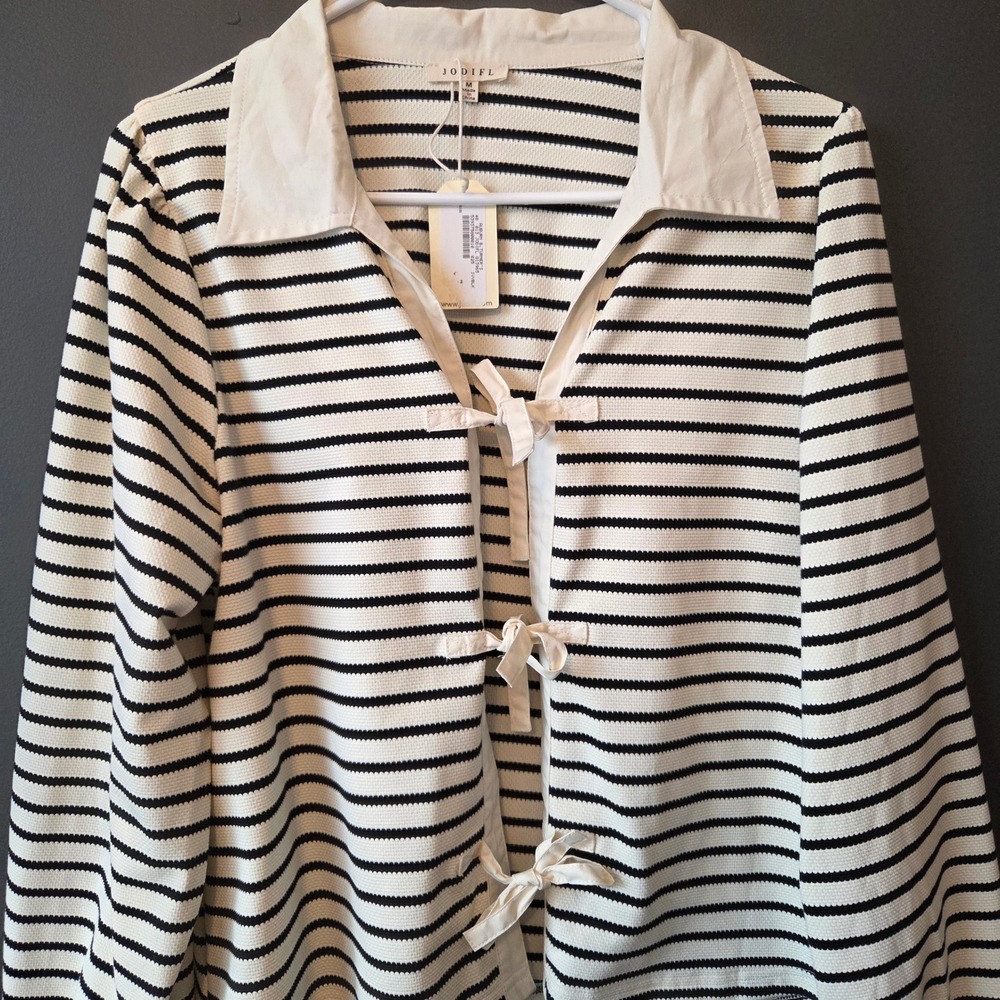 New JODIFL Striped Collar Tie Front Long Sleeve Top Blouse Shirt M - Picture 2 of 7